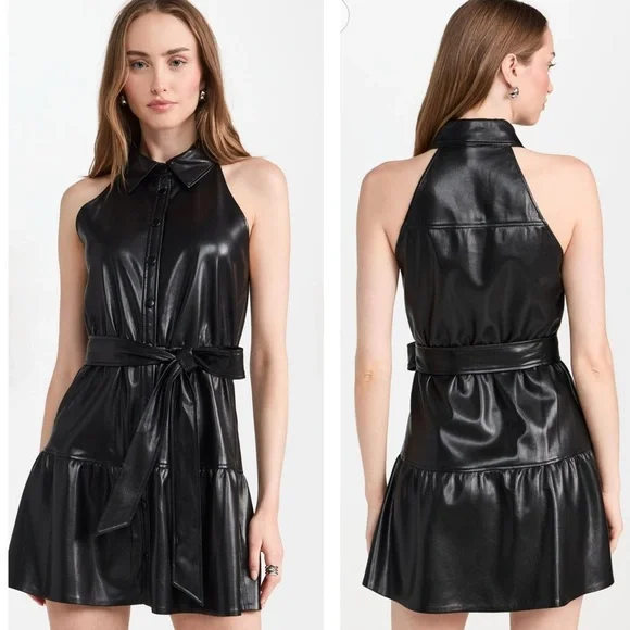 Alice + Olivia Miranda Vegan Leather Tiered Button Down Sleeveless Mini Dress - Picture 6 of 16